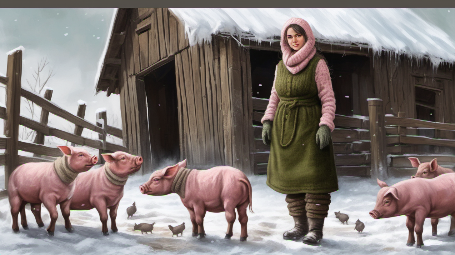 A beautiful peasant woman with long black hair and green eyes works in the pen in front of the barn. Around her are piglets - small and pink. Everything is in mud. The barn is surrounded by a fence of old wooden posts and wire mesh. It's winter, everything is covered with a thick layer of snow. Mud and snow mix. The peasant woman has put on low rubber boots on her feet. Brown coarsely knitted woolen socks stick out from them - up to the middle of the leg and. On top of them, to keep her warm, she has put on green - brown, very wrinkled and crumpled woolen knitted gaiters. It is worn with thick elastic leggings, over it there is a knitted skirt in black and brown - sukman. A chunky brown-gray wool sweater with a chin-high collar is snug around her. over it she wore an off-white furry sleeveless sweater with a triangle neckline. Above all this is a quilted waistcoat in green which is unbuttoned. On his head he wears a thick knitted woolen gray hat - an ushanka. He also has a thick scarf sloppily draped around his neck. He also wears gray knitted woolen fingerless gloves. across the waist, a thin hemp rope is wrapped 2-3 times, which he uses for a belt.