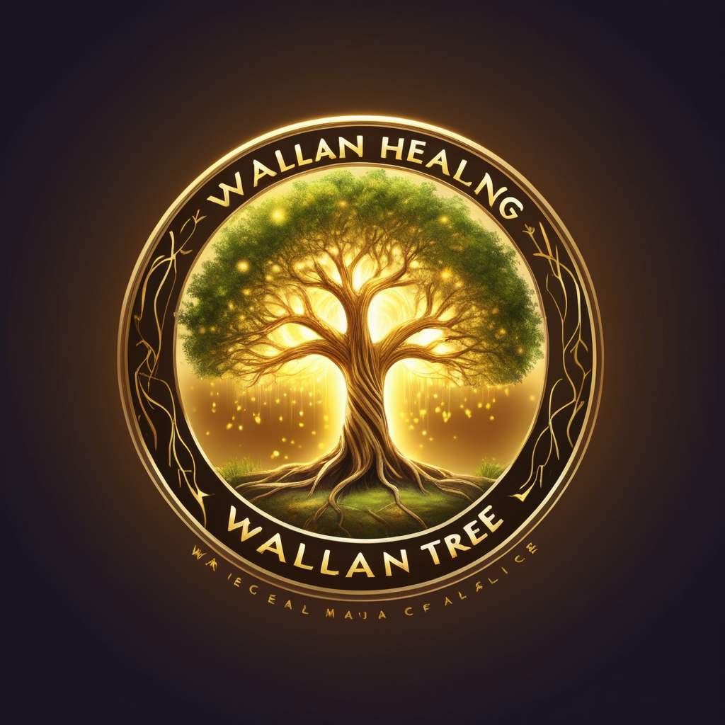 make a magical logo for  "Wallan Healing Tree" with glowing golden light






