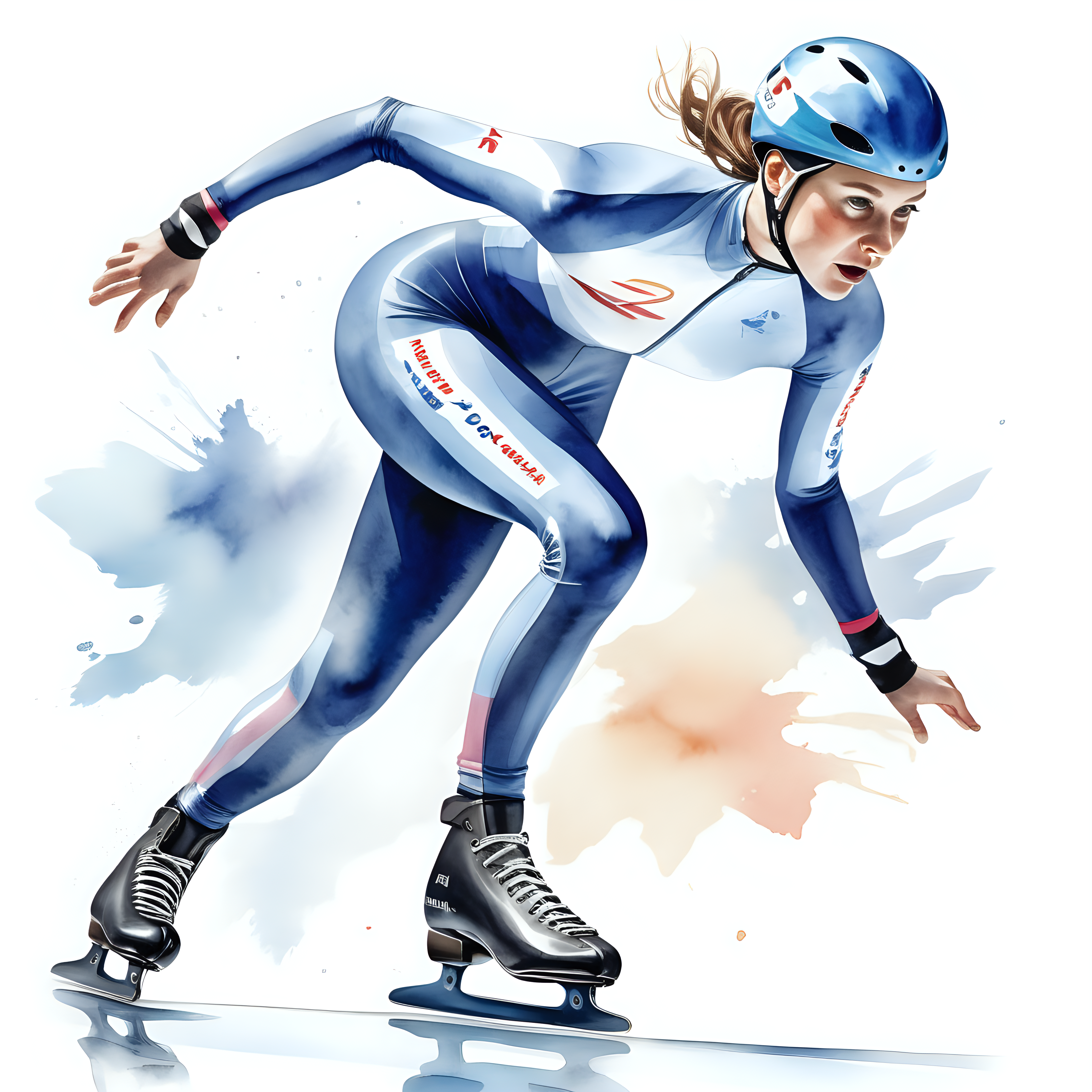 white background_create a realistic illustration _Speedskating_ _woman_famous speed skater_Martina Sáblíková _races in the sports hall_racing clothes and eis speed skating skates_motto_when you can't add more_watercolor style_real figure_
