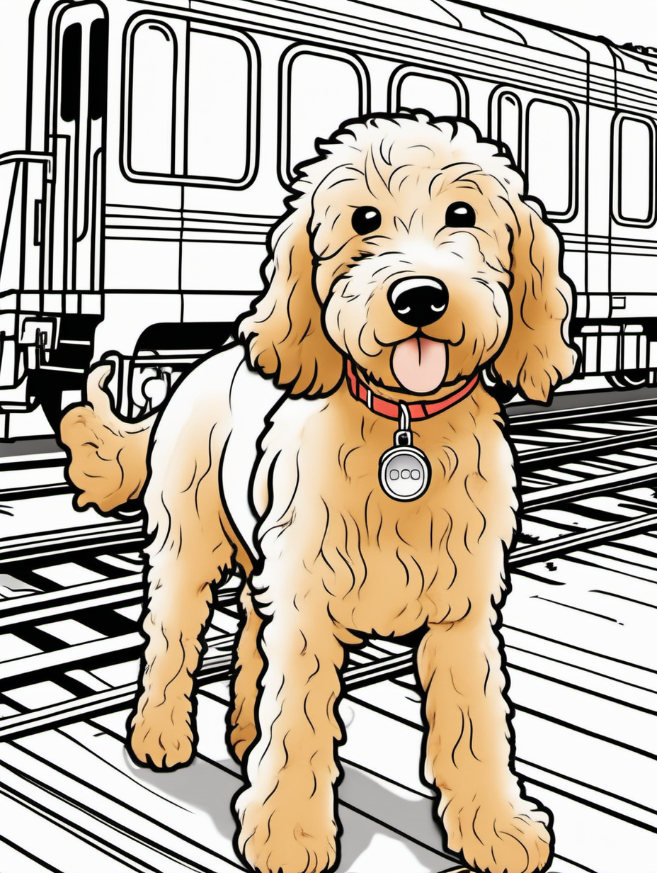Cute female golden doodle walking by a passenger  train for a coloring book with black lines and white background
