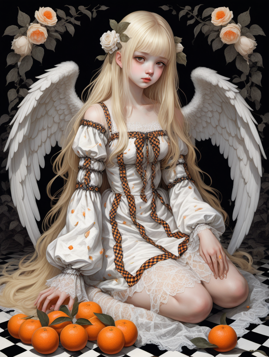 Chica angel sentada en el suelo con una mandarina. Tiene un vestido blanco con encaje, el pelo largo rubio y los ojos negros. Tiene mangas con estampado de cuadros artisticos rococo. A su lado crecen rosas marchitas. La ilustracion es del estilo de Takeshi Oba. 