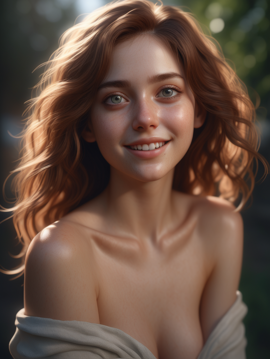 A stunning and highly realistic outdoor portrait captured on 35mm film, showcasing a single slender WLOP, artgerm, anime female figure. SHE HAS BIG EYES, she has an addictive smile almost teasing, her face laughing , The image highlights the exquisite intricacies of her natural skin. Her captivating eyes with long curled lashes draw you in, while her wavy, chestnut hair adds a touch of warmth to the composition. Although the subject is portrayed in a full body pose, she is depicted without any clothing, her bare skin glistens, embracing her vulnerability. shot on Leica M6 with Leica 75mm F1. 25 Noctilux lens, atmospheric extremely detailed 8K, high resolution, ultra quality, glare, Iridescent, Global illumination, realistic light, realistic shadow, hd, 2k, 4k, 8k, 16k, The photorealistic rendition of this piece is executed with such precision that every subtle detail, from the texture of her skin to the way light plays upon it, is flawlessly captured.