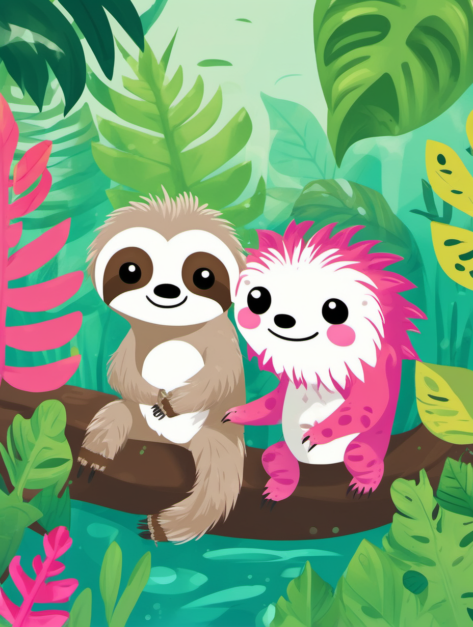 Generate a vibrant book cover featuring a cute sloth and an Axolotl. Ensure both characters are in full color, and include a background of lush leaves to enhance the natural theme. The cover should be visually appealing and convey the charm of these adorable creatures. Feel free to add any additional elements that enhance the overall appeal of the cover for a children's book.