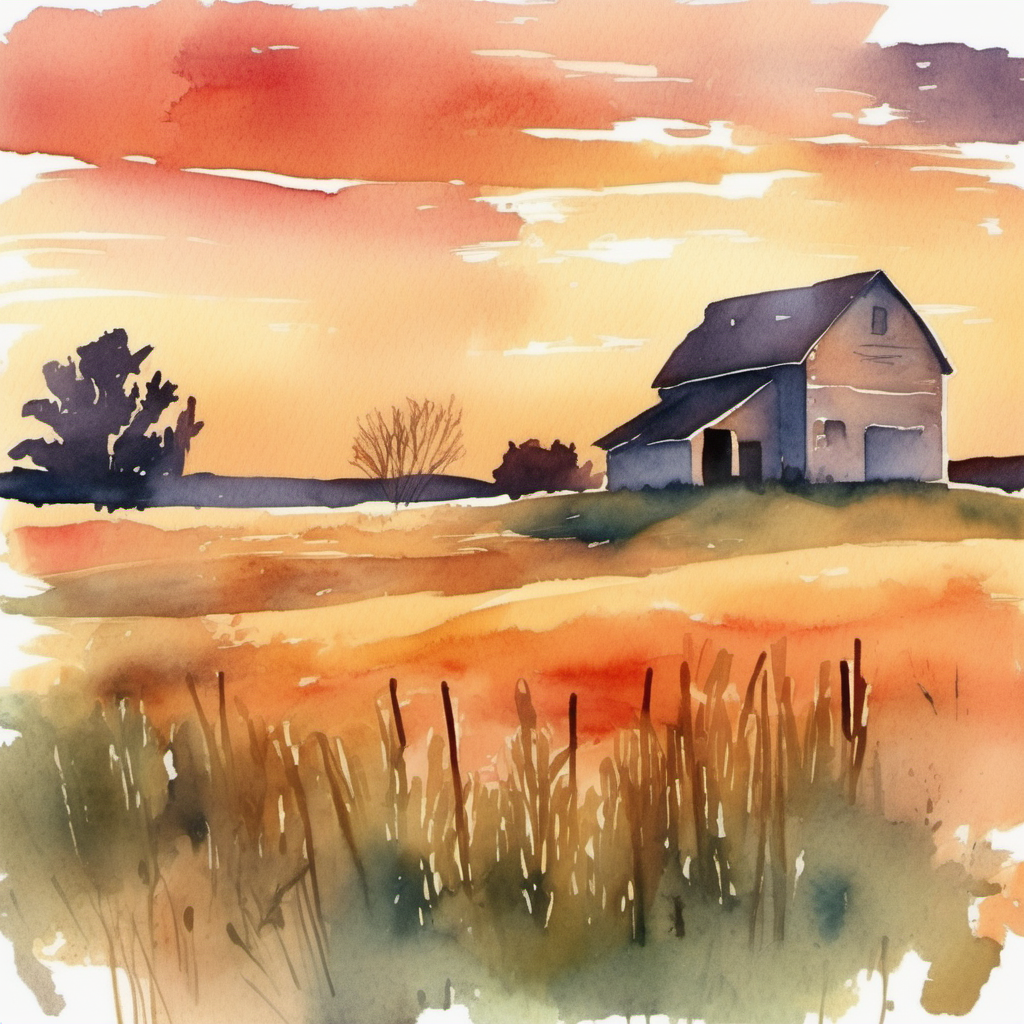 /envision prompt: Craft a serene watercolor scene capturing the warm hues of a country sunset over vast fields. Include a distant barn and silhouetted trees for added nostalgia.  --v 5 --stylize 1000