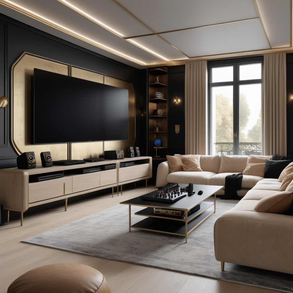 A hyperrealistic image of a grand, elegant modern Parisian teenagers gaming room with a gaming computer setup, a large tv, gaming consoles and controllers, a large comfy sofa, in a beige oak brass and black colour palette