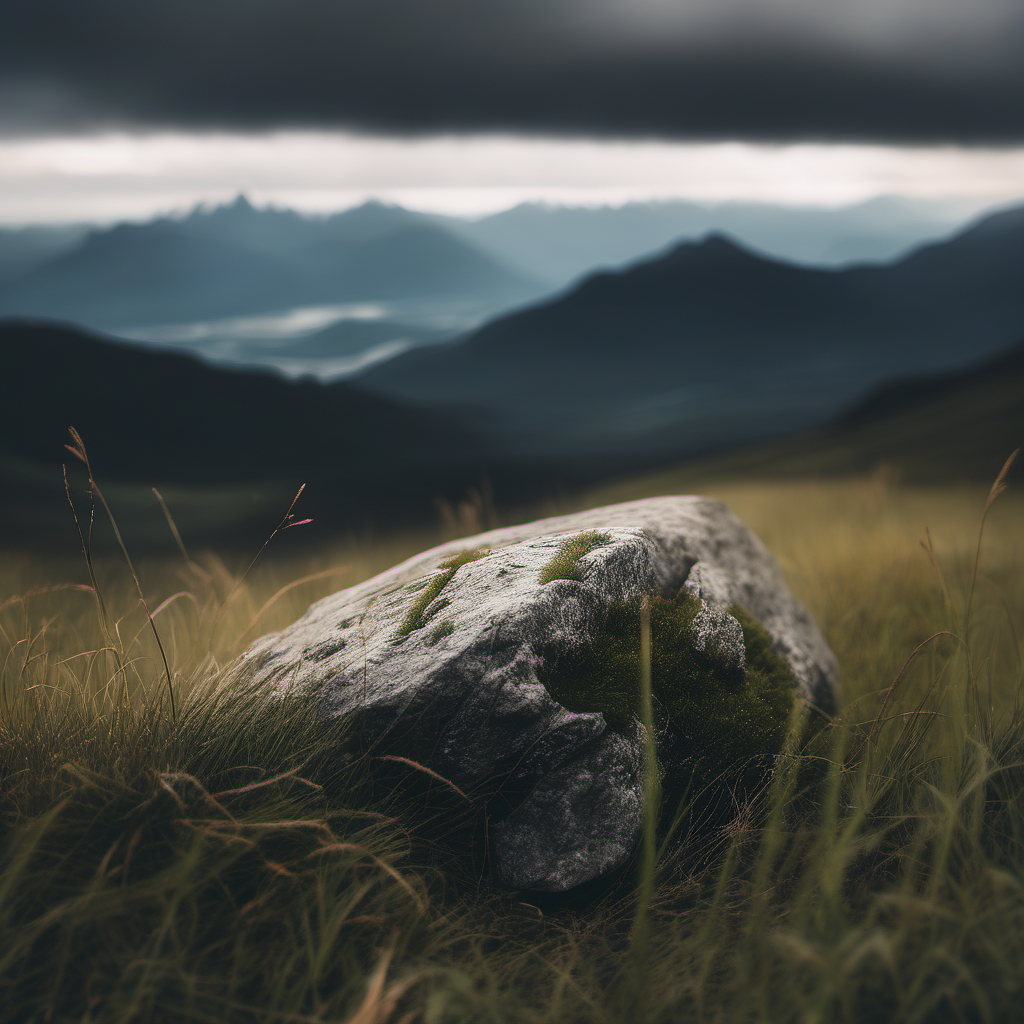rock on grass looking out over a mountain range moody
