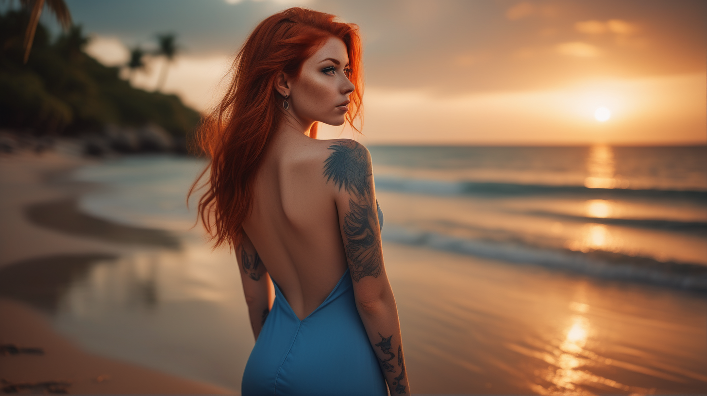 the photo is taken in a tropical beach, sunset. Only one beauty girl is standing, She is looking to the see. The girl is wearing a short blue alluring dress that reveals her body curves, redhead straight hair, she has a wolf tattoo on her back. The lighting in the portrait should be dramatic. Sharp focus. A ultrarealistic perfect example of cinematic shot. Use muted colors to add to the scene.