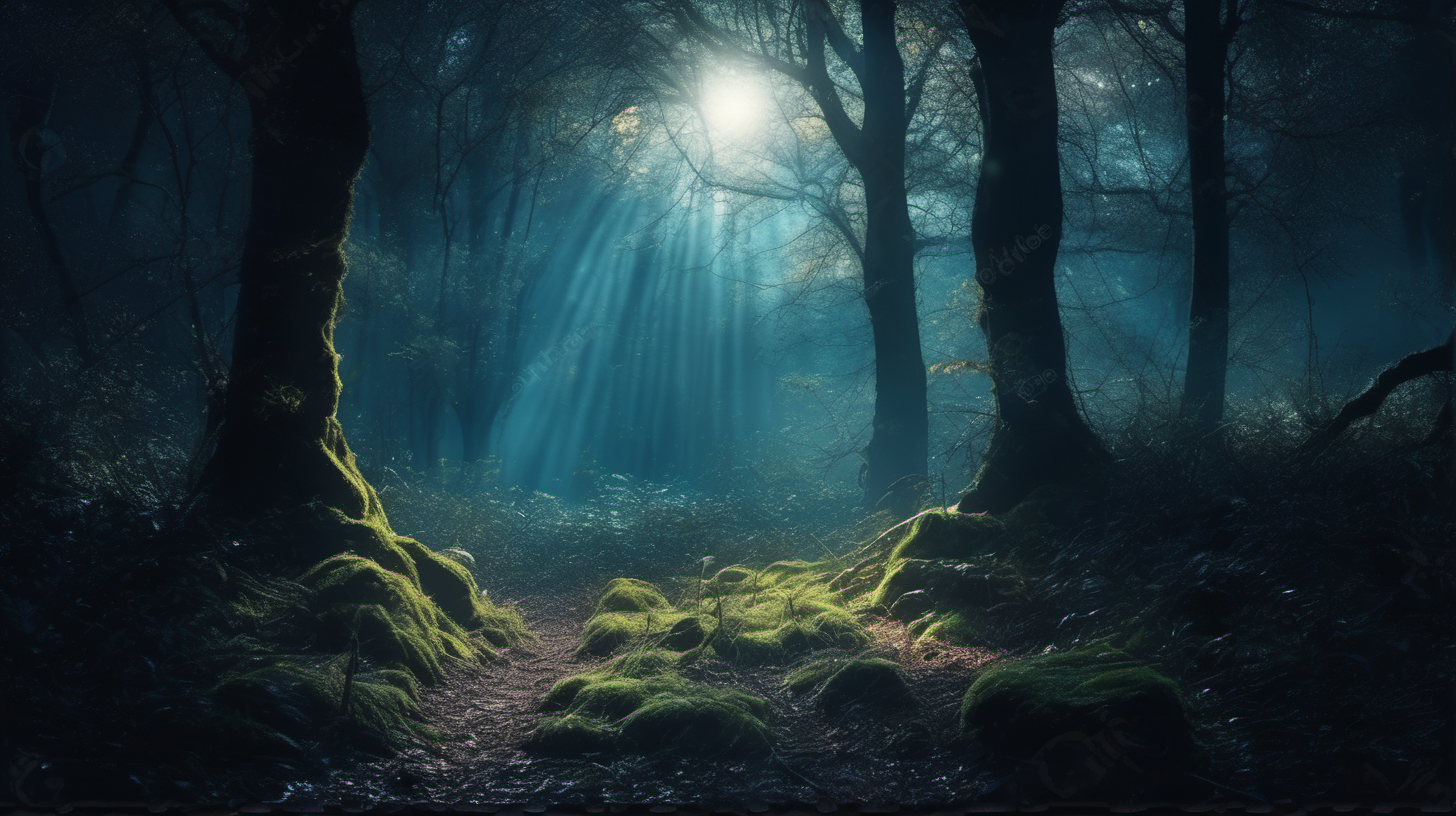 a clearing in a beautiful dark enchanted magical forest with beams of moonlight shining down