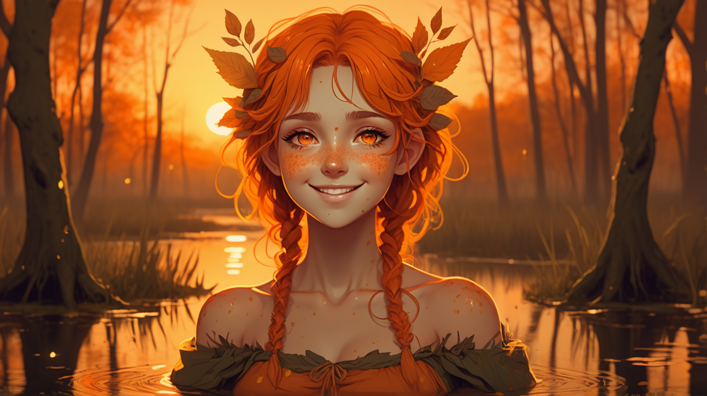 Orange sunset themed beautiful cute comforting shy dryad waifu in an autumn swamp smiling freckles amber eyes majestic happiness