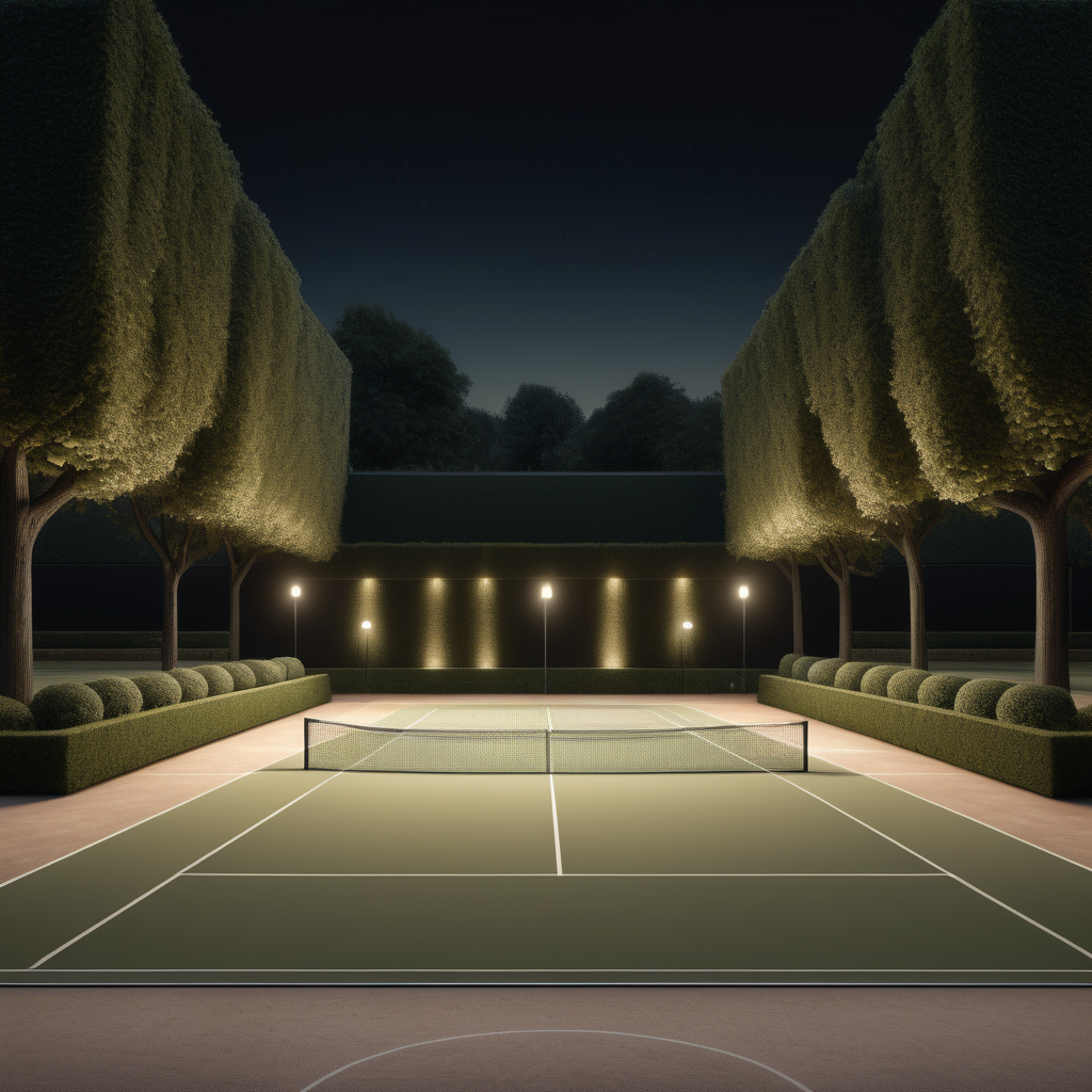 a hyperrealistic image of a grand modern Parisian estate tennis court at night with mood lighting, in a beige oak brass and black colour palette, surrounded by wide open manicured gardens --no fence