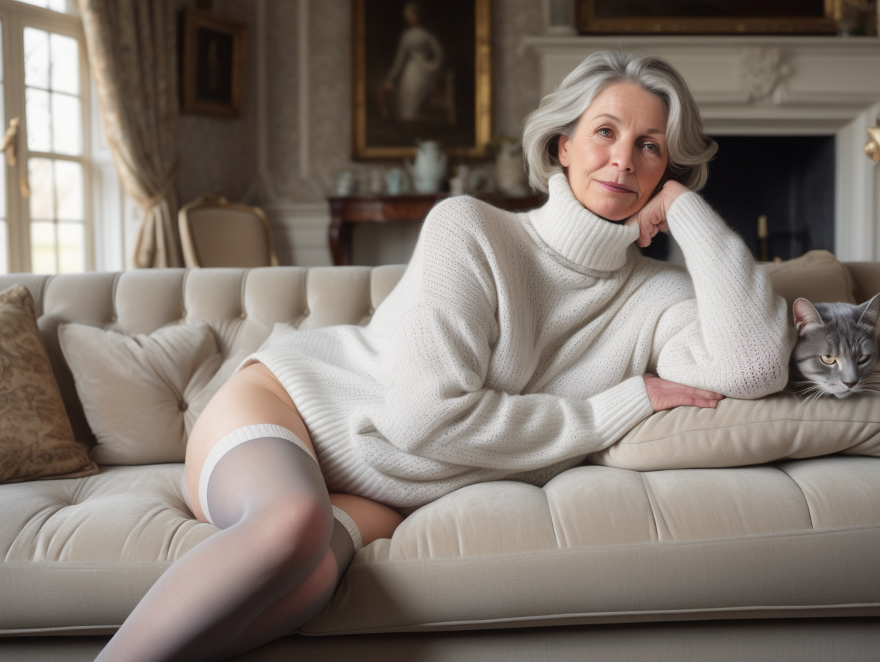 mature woman lying on her side on a sofa in a country house drawing room, leaning on her elbow with her legs stretched out, wearing a white turtle neck sweater and stockings, with big hips and large naked ass seen from behind, and a large grey cat