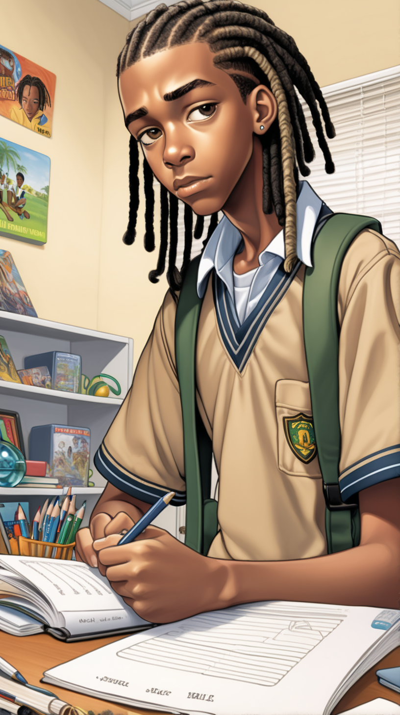 
comic-style 16-year-old black Jamaican teen boy who is tall with short dreadlocks wearing a khaki-colored school uniform with long khaki pants sitting around his desk doing his homework in his clean bedroom 
