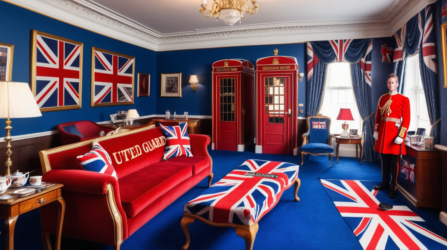 very royal Hotel room decorated over the top with United Kingdom stereotypes, with Buckingham Palace Foot Guards, English flags, red bus, telephone booth, tea set, english flags, Queen Elizabeth cut-out standing somewhere in the room, blue carpet, red couch