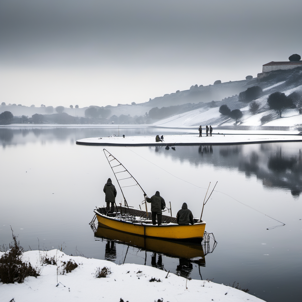 pêcheurs sur un lac  au portugal, neige