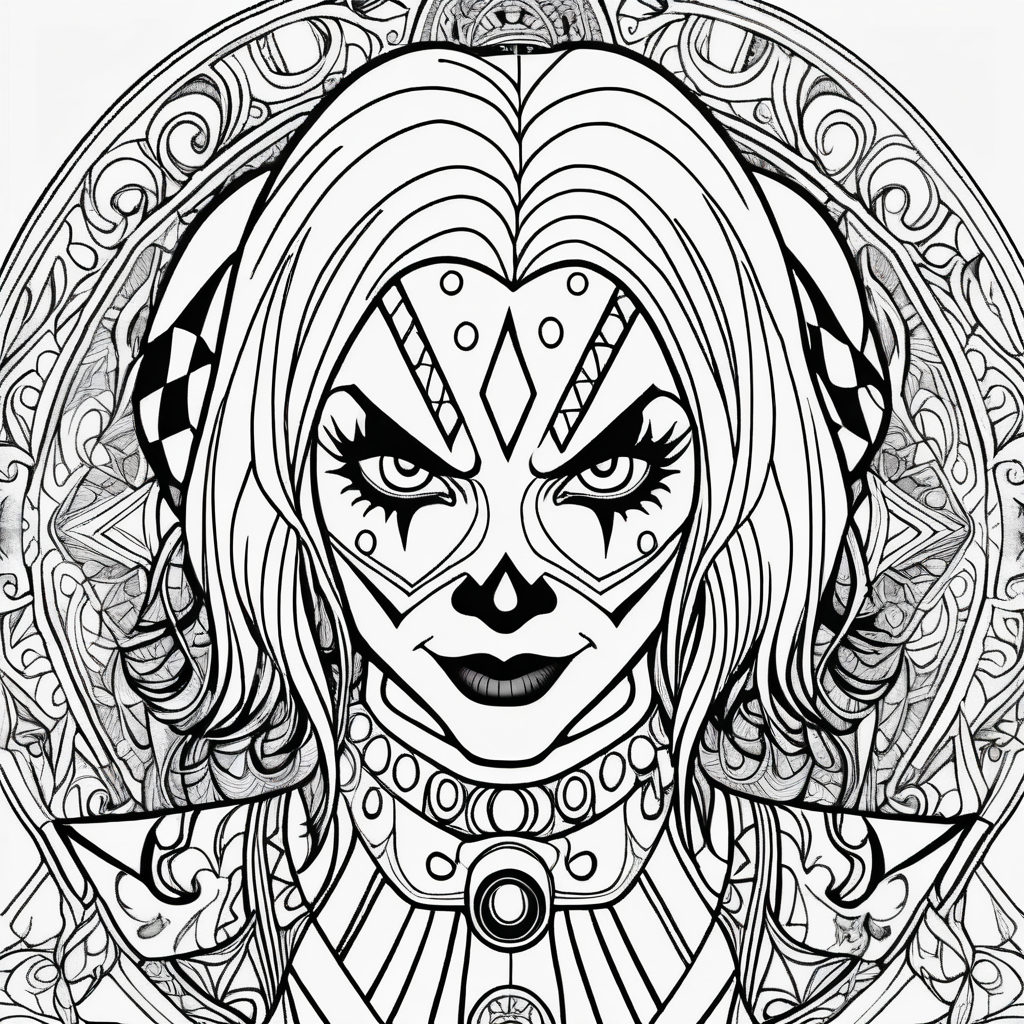 adult coloring page, black & white, strong lines, high details, symmetrical mandala, evil female clown in style of the harley quin