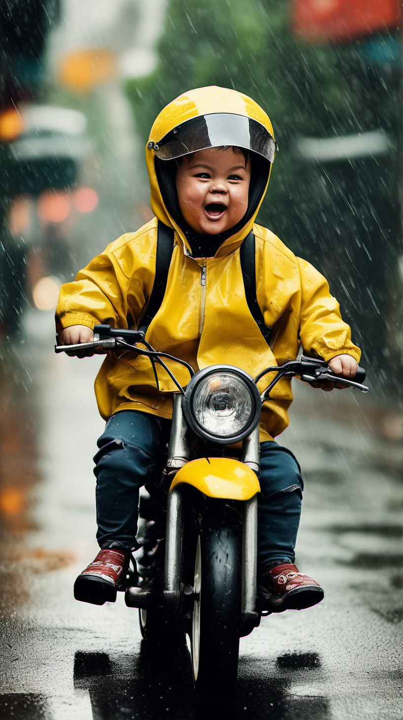 Small child with very fat body, riding a motorbike, being a food delivery person, yellow jacket. Maxim's tattoo. Rain. very funny