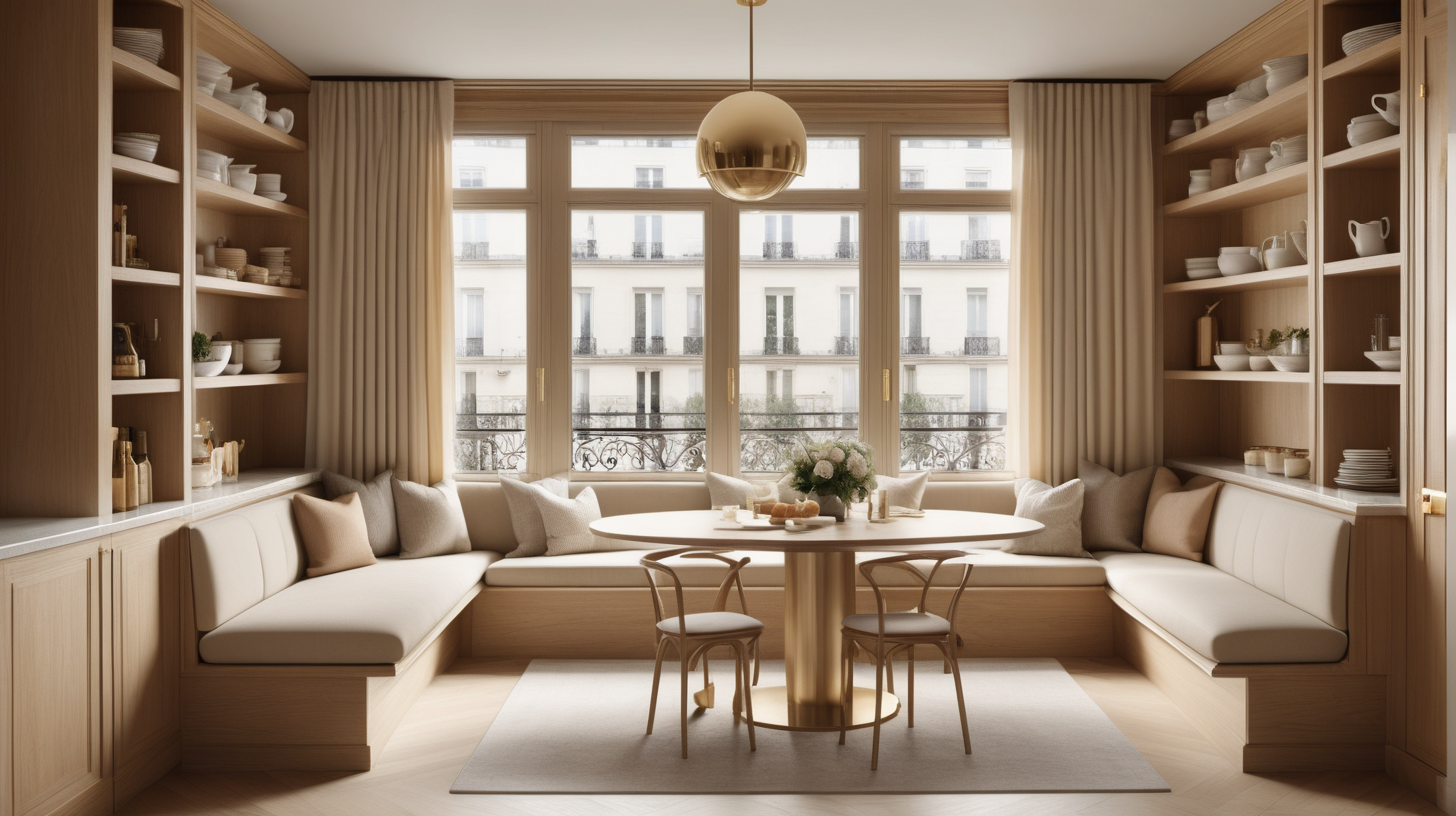 a hyperrealistic image of a Modern Parisian breakfast nook with built in seating in light oak with beige suite; open shelving; brass lights; curtains; floor to ceiling windows; beige, light oak, brass color palette; 
