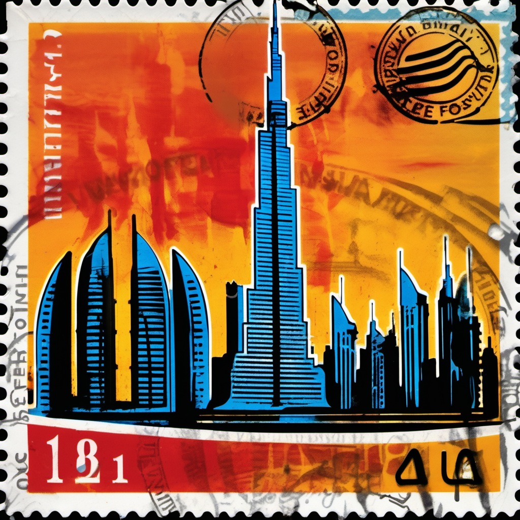 stamp with the burj khalifa, dubai, abstract, colourful, disstressed edges