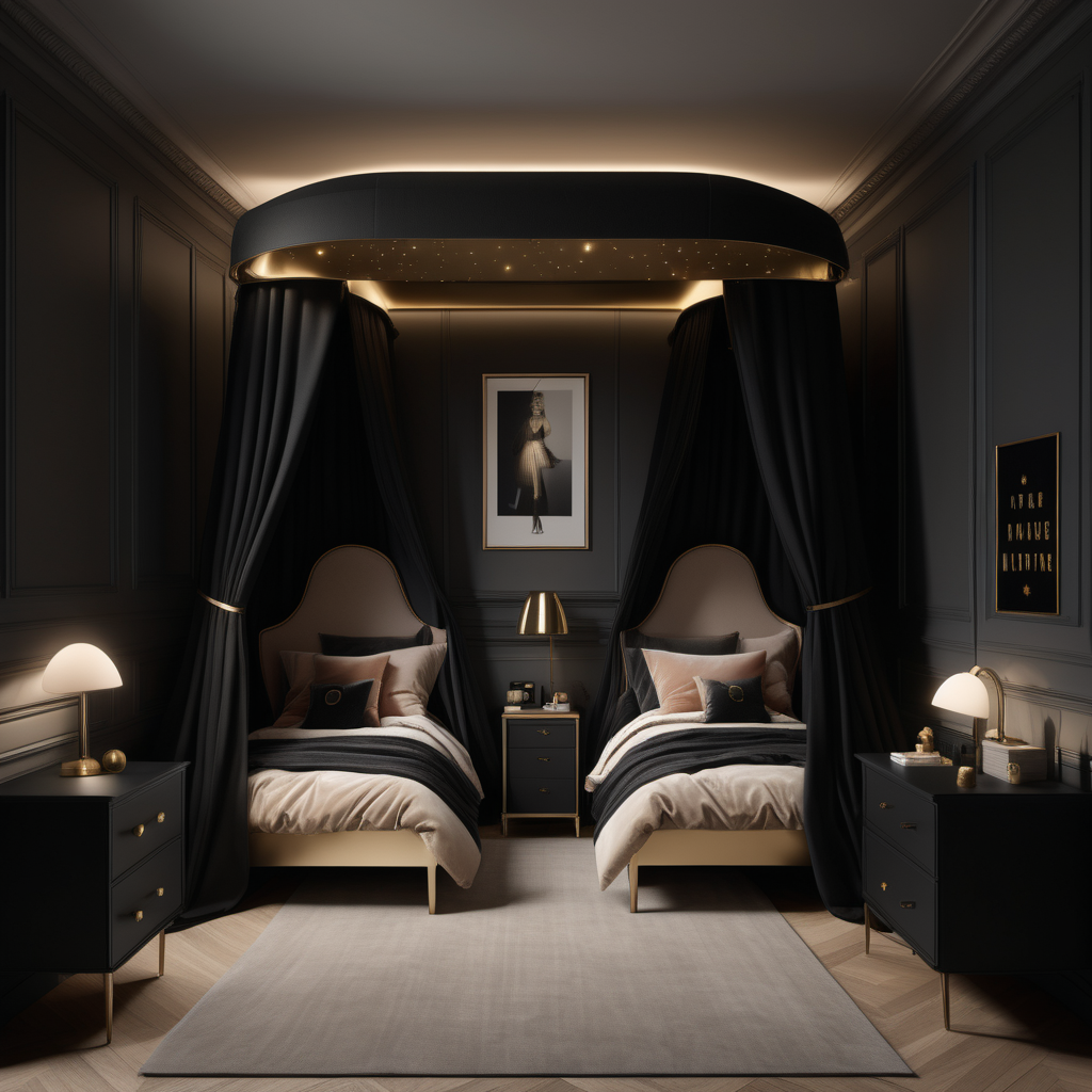 a hyperrealistic of a grand modern Parisian estate home childrens shared bedroom at night with mood lighting, a double bed with a canopy, desk, in a beige oak brass and black colour palette 
