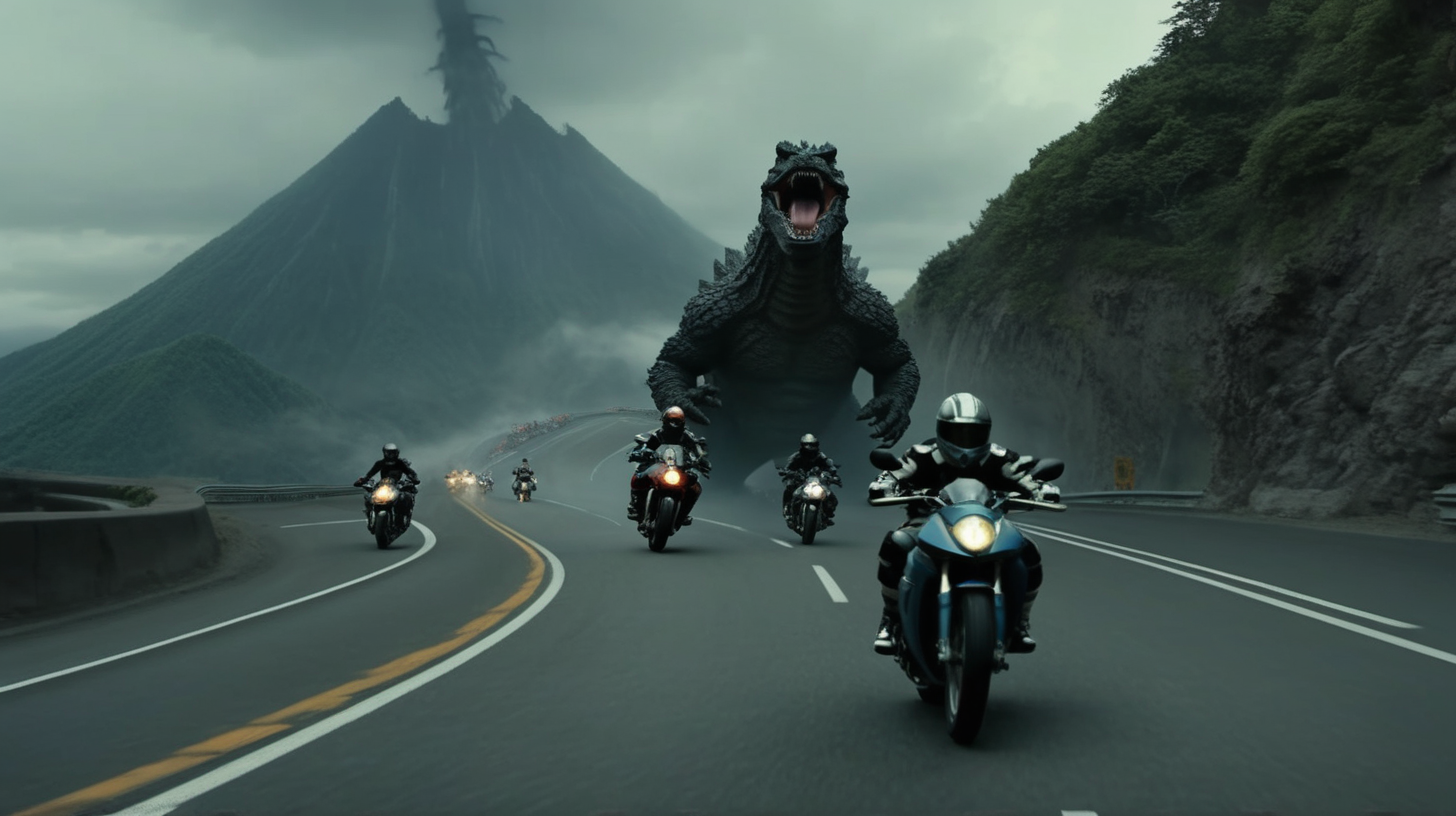 Motorcycles race on winding mountain road chased by Godzilla