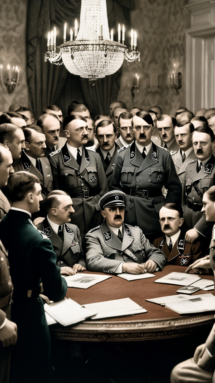 Adolf Hiitler is surrounded by people in his palace