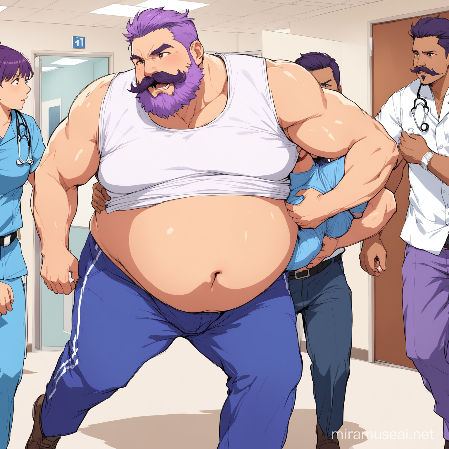 a man with a large belly with short purple hair and a short purple beard and mustache wearing a white muscle shirt and blue pants is being rushed to the emergency room