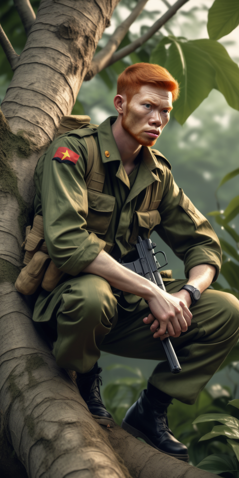 realistic ginger male Vietcong soldier stood crouched in