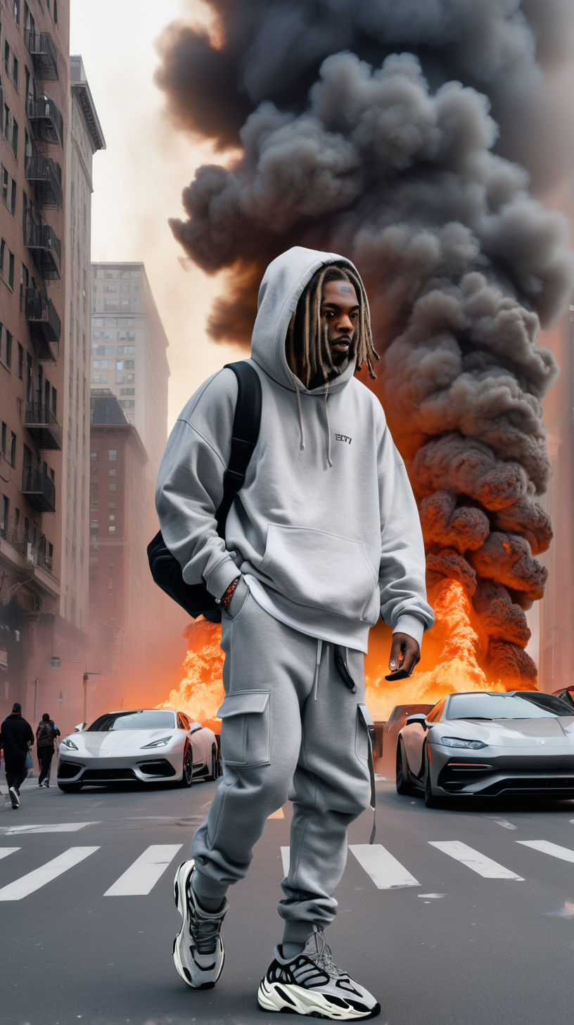 a man with dreads wearing yeezy 700 sneakers with a grey hoodie and grey sweatpants holding a camera, while facing a metropolitan city on fire, with people running away from the fire, with luxury cars flipped upside down and on fire, add drones to sky