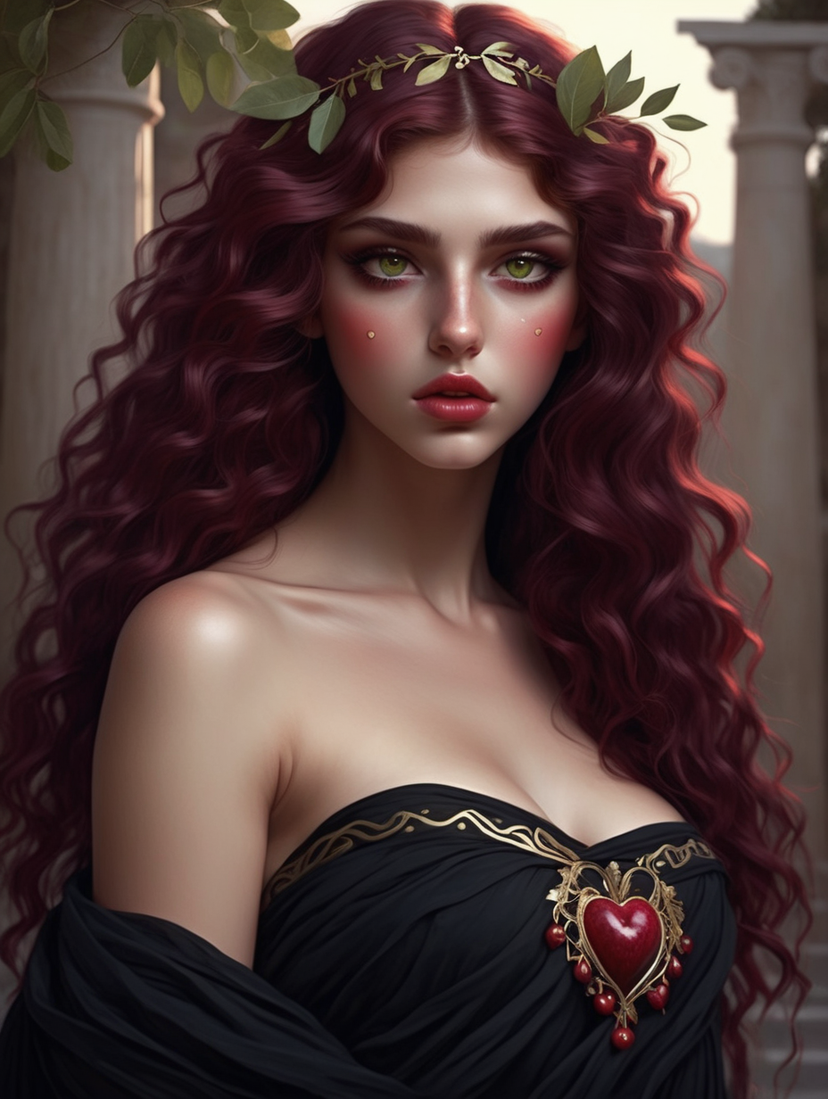 a very beautiful greek goddess 
wavy maroon hair
heart shaped face
perfect lips
light olive colored eyes
in a black abyss
pomegranates
wearing a sexy black toga
