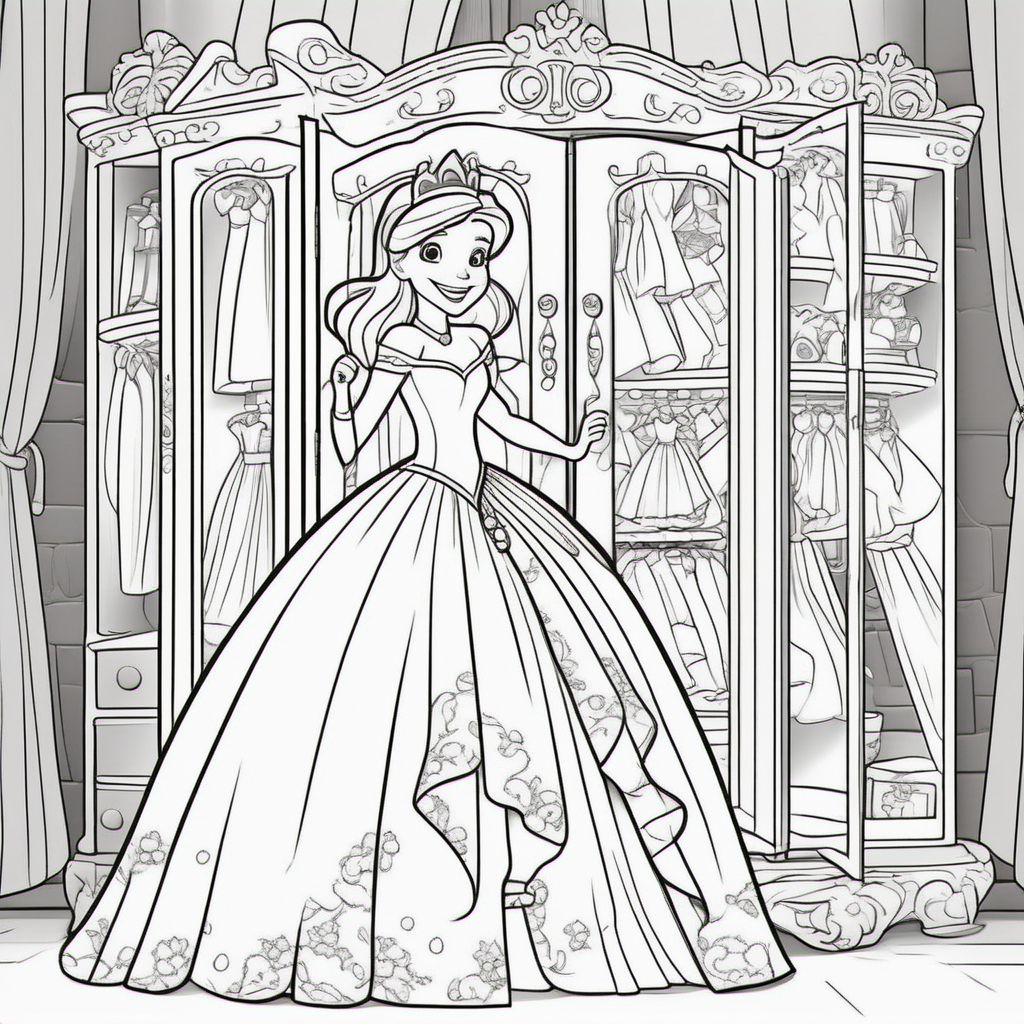 coloring pages for young kids, princess getting ready in front of a royal closet inside a castle,cartoon style, thick lines, low detail, no shading  