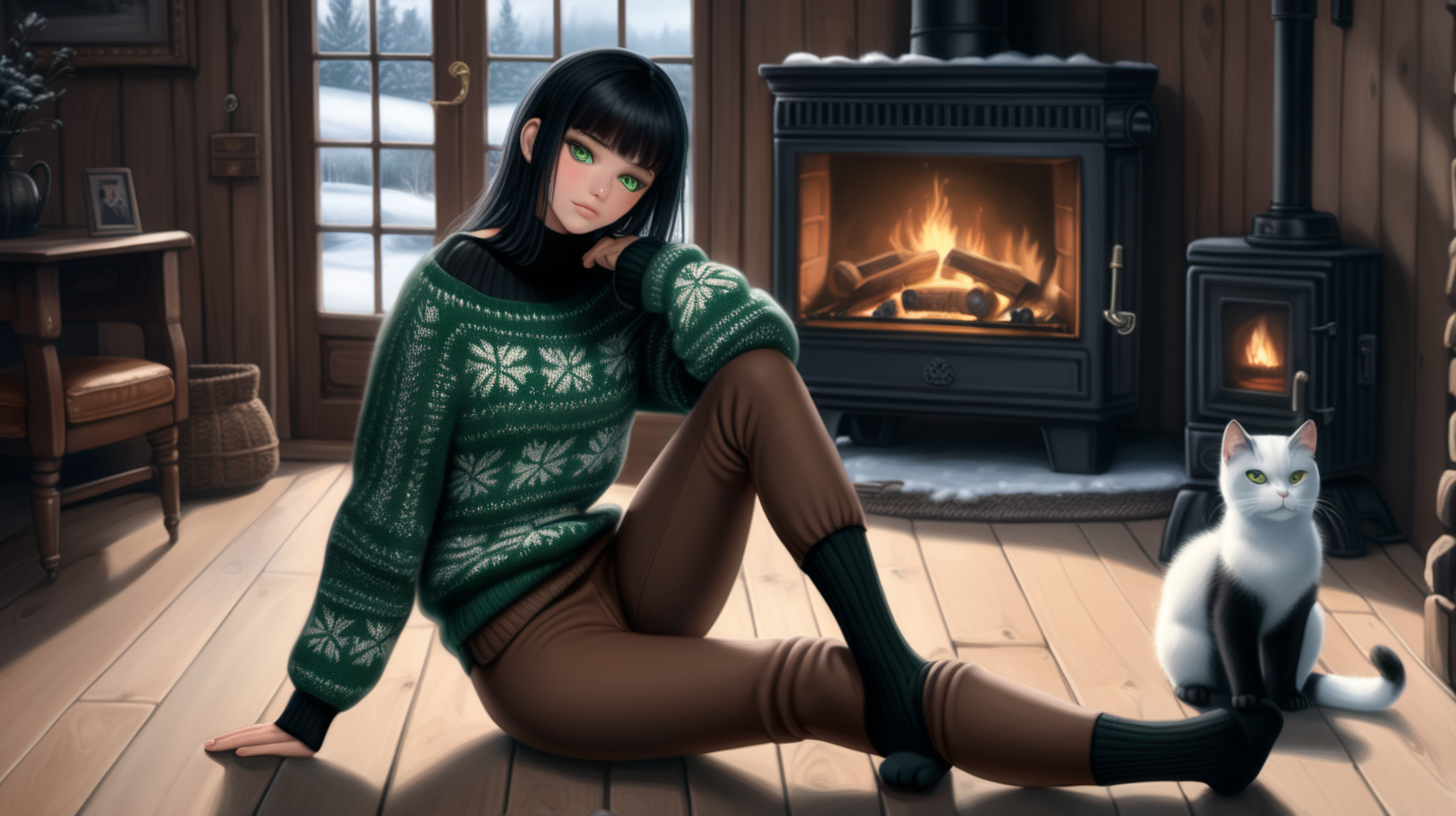 Hot girl with black hair and green eyes wearing fully knitted wool brown sweater.Wearing black spandex leggins, brown hand - knitted traditional socks. Black woolen bodice. She sitting on the wooden floor in old and dusty country house. Outside is winter and snowy. It's dark. Big fireplace, cyber - cat, robots.
