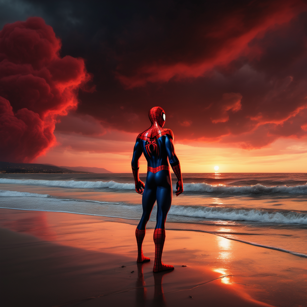 Spider Man. standing on the beach, watching the sunset. Dark Red clouds.,