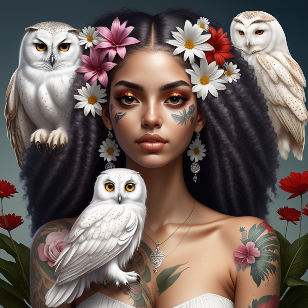  exotic  dominican women thee are  floating crystal balls in the air
 she has the Dominican flag 
 white owl she has soft tattoos and soft color flowers  her hair has the color of the flowers

