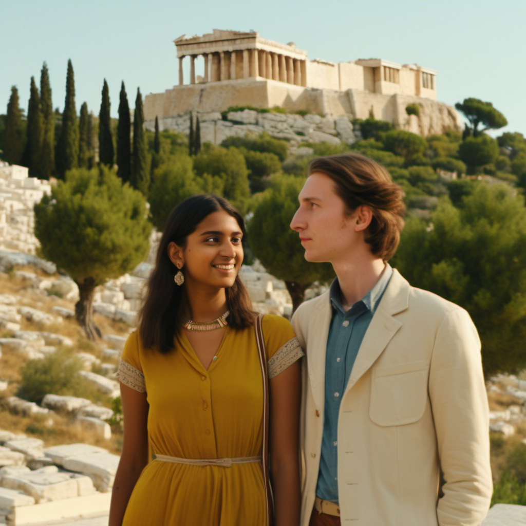 Young German-Indian couple in Athens, Akropolis and olive trees in the background, Wes Anderson cinematic setting