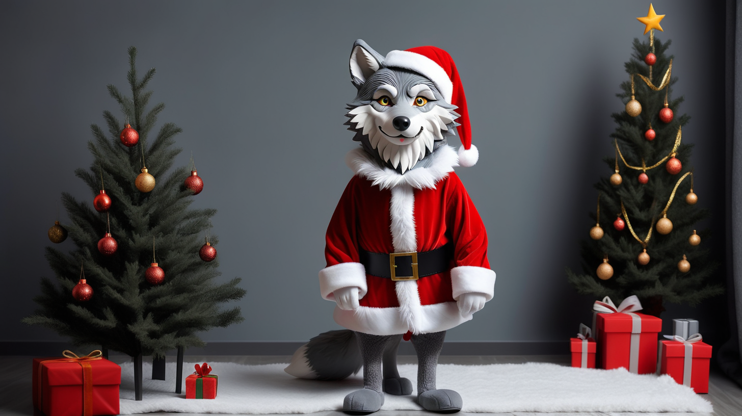 The gray wolf put on a Santa Claus