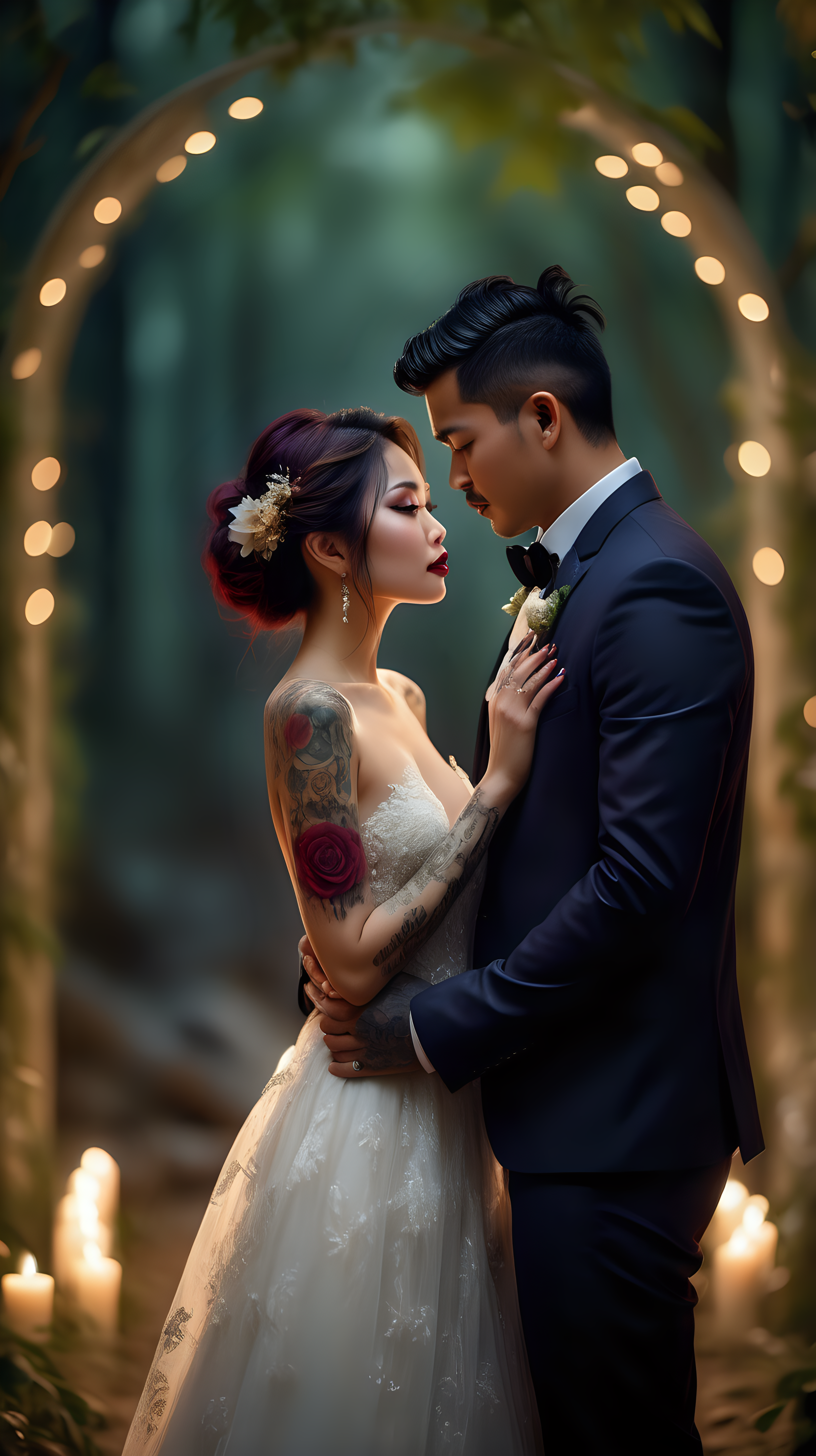 Beautiful Vietnamese woman, body tattoos, dark eye shadow, dark lipstick, hair in a messy updo, wearing a gorgeous wedding dress, bokeh background, soft light on face, stand at a beautiful archway, holding hands with handsome husband,looking into each other’s eyes, in front of elaborate candlelit forest wedding, photorealistic, very high detail, extra wide photo, under the moonlight 