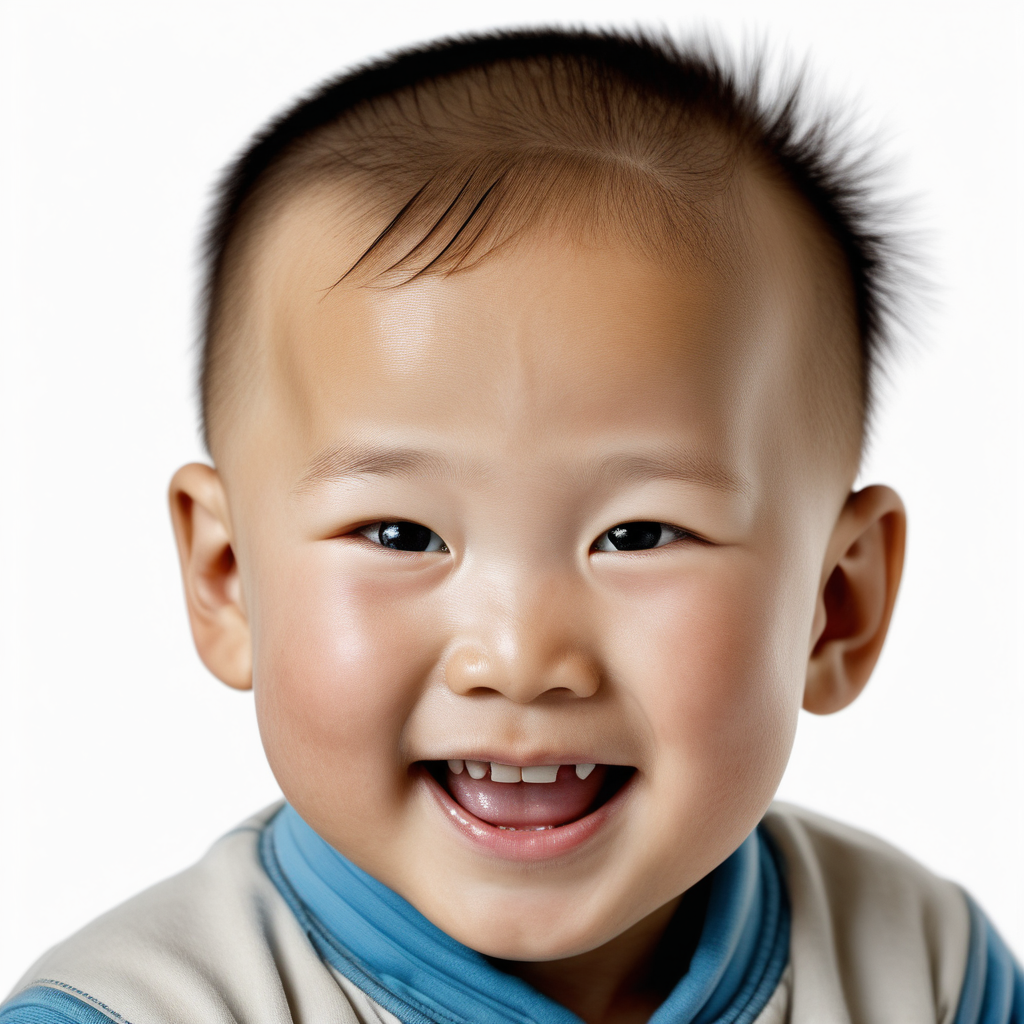 bílé pozadí_reálná tvář_dítě 3 roky_ kluk_Mongolsko_charakteristický vzhled_kluk_usmívají se_je vidět celá hlava