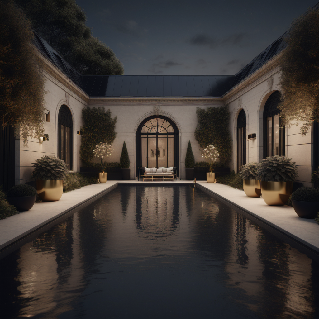 a hyperrealistic of an elegant Modern Parisian estate