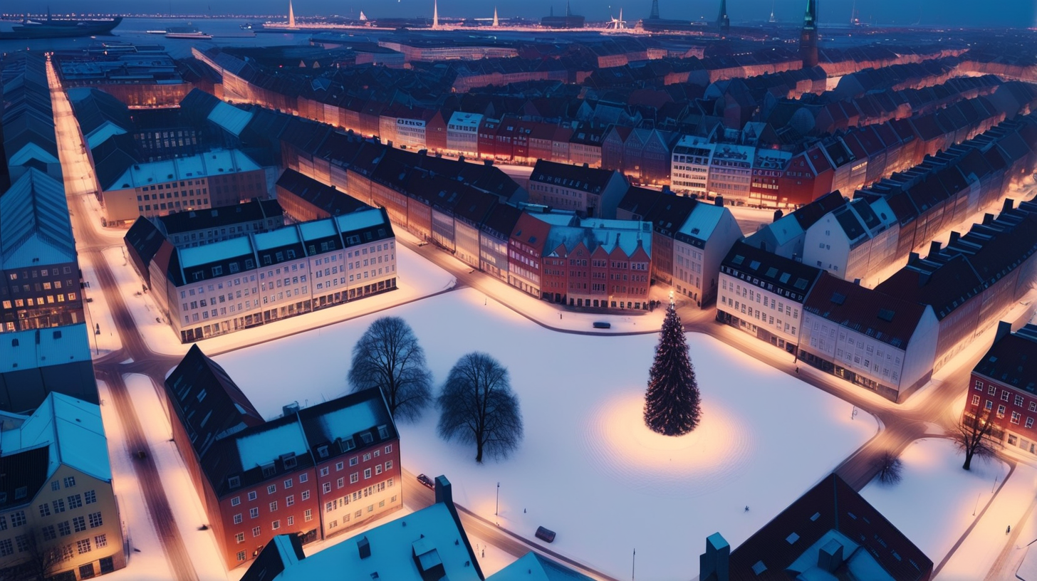 aerial wide shot, cosy snowfilled Copenhagen at night in x-mas time
