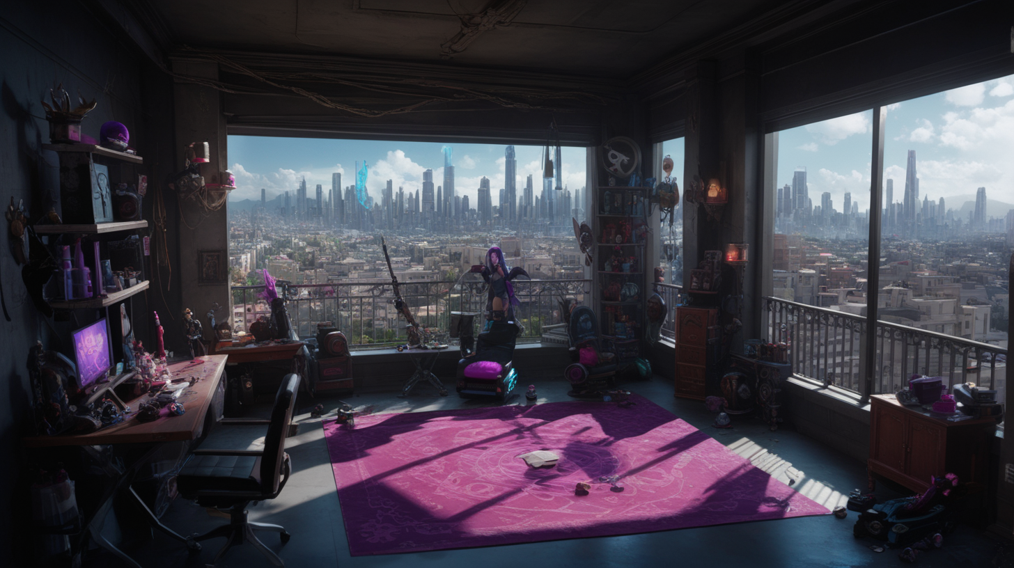 interior location of Arcane movie like VI and Jinx practice scene. Included Items, weapons and toys for jinx. There is a balcony overlooking the city.