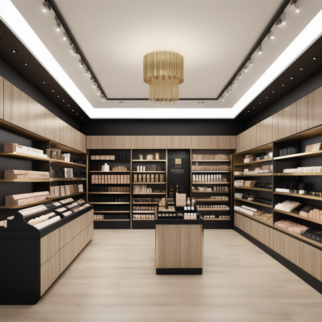 hyperrealistic image of an elegant beauty store interior in a beige, oak, brass and black colour palette