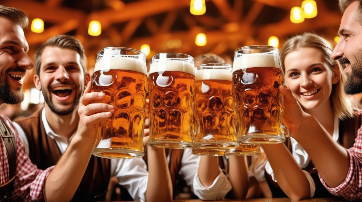 people celebrating Octoberfest in german beer hall
drinking beer out of glasses without logos 