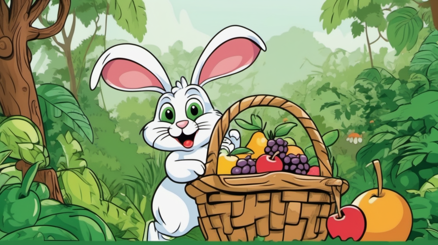a cartoon rabbit collecting fruits in a basket