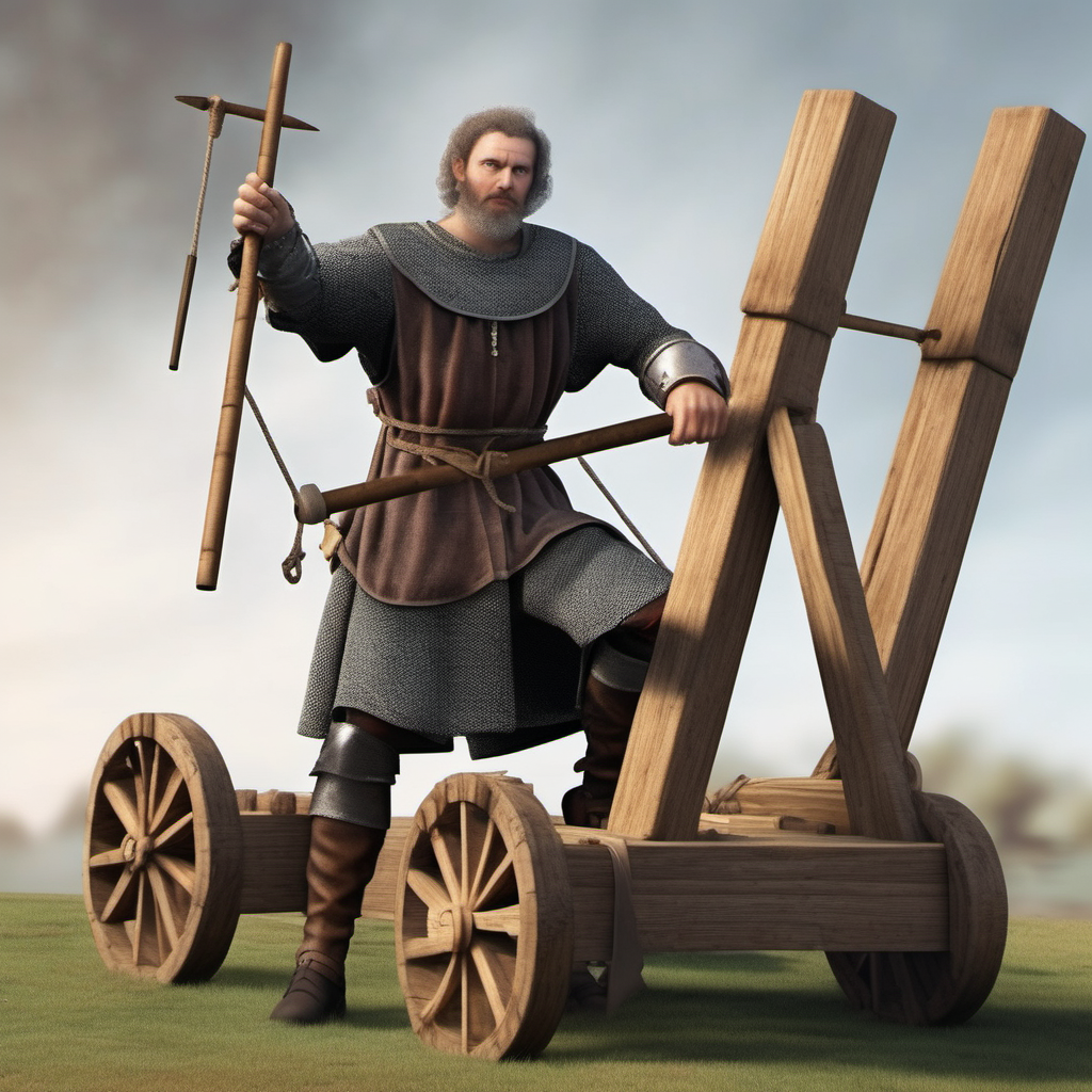 realistic medieval man in charge of a catapult team