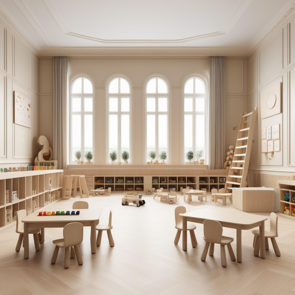 A hyperrealistic image of a palatial modern Parisian Montessori-inspired kindergarten in a beige oak brass colour palette with accents of black 
