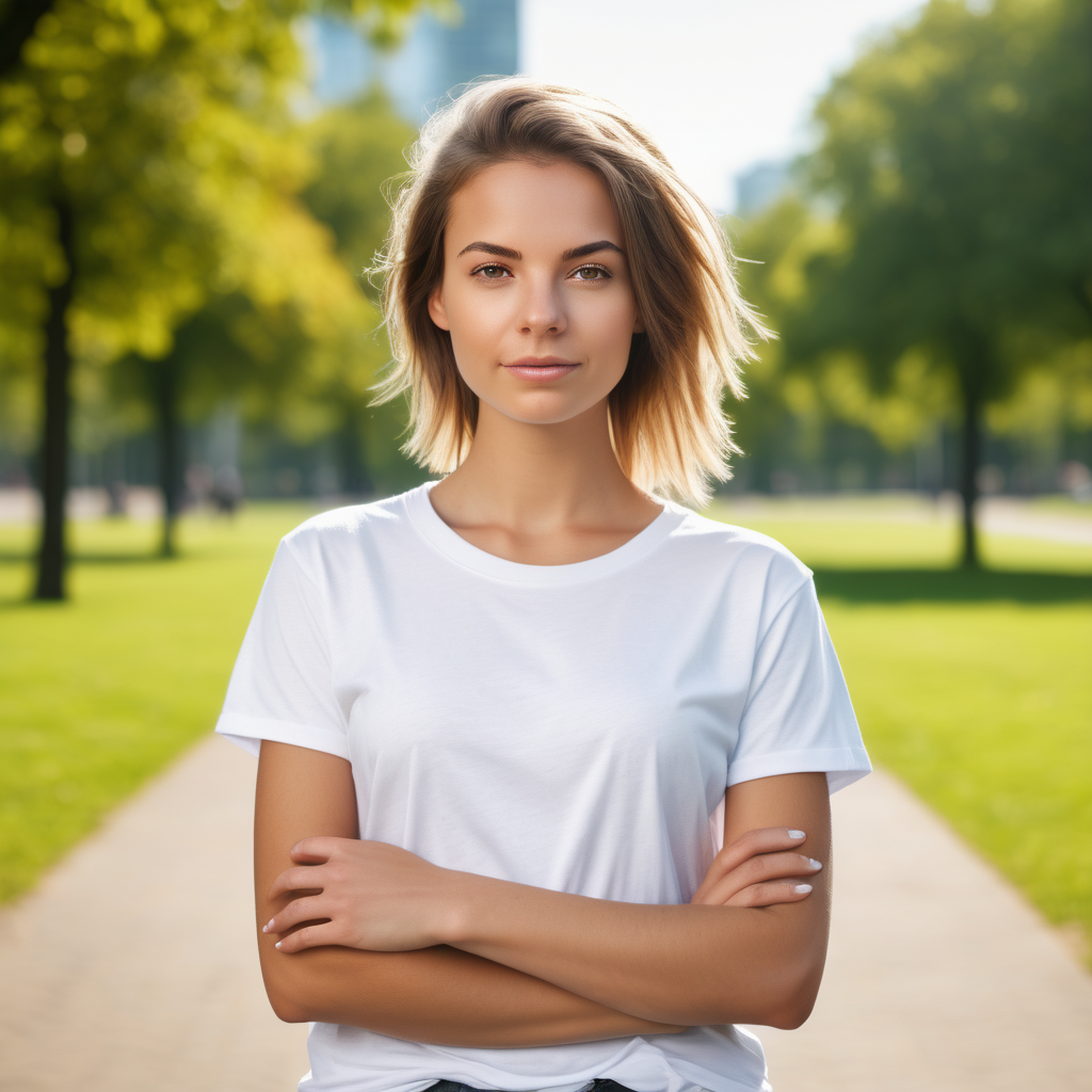 stock photography of fresh-looking urban female wearing white t-shirt. open parkland setting