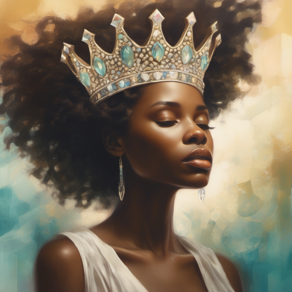 An African American stunning anglic ethereal image of a crown with soothing colors, tagline: "Crowned in Healing: A Queen's Journal."
