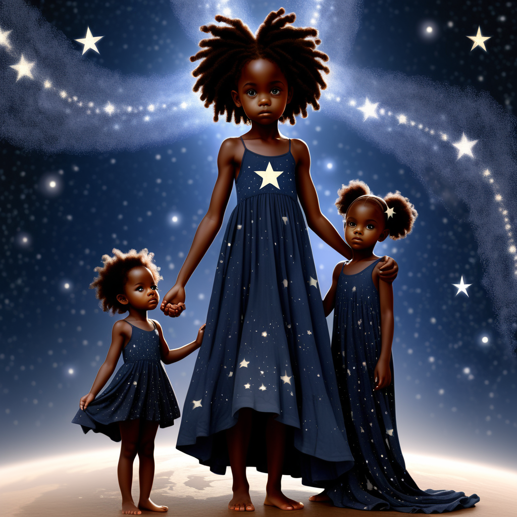 prompt: a black female indigo child with a dress on helping the world with a black girl star seed child standing by his side helping  they are twins but different with stars all around them
 
