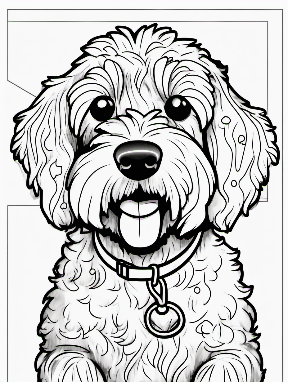 Cute female golden doodle posing for an art class for a coloring book with black lines and white background