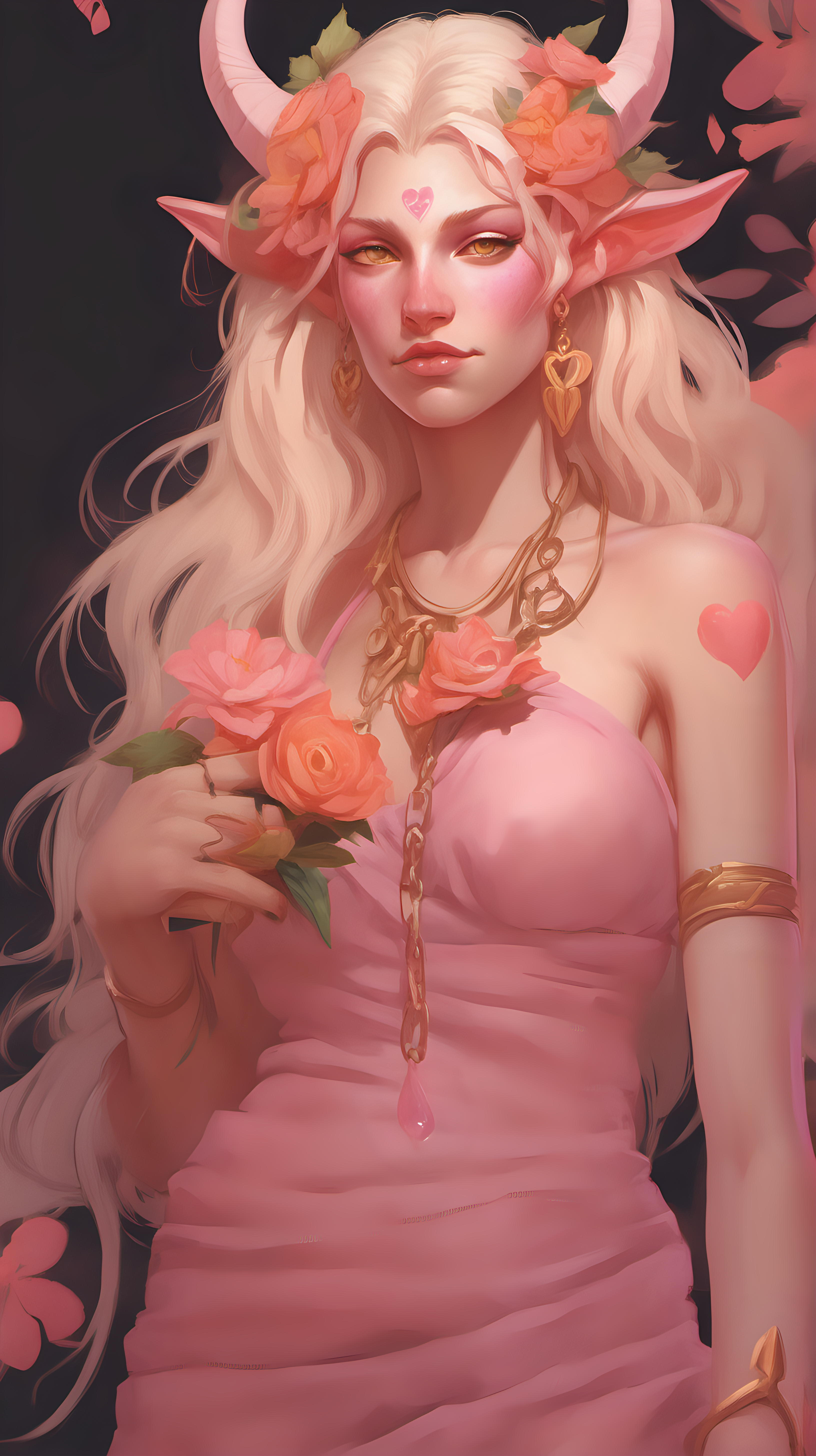 Pink skinned tiefling woman. She has white horns that meet at the top of her head to form a heart. She has light pink eyes. She has light blonde eyelashes. Her eyelashes are not black. She has blonde long hair with a orange tint. She is wearing a pink Greek-style dress with lots of flowers. She is wearing gold jewelry. She is holding a bouquet of pink flowers. 